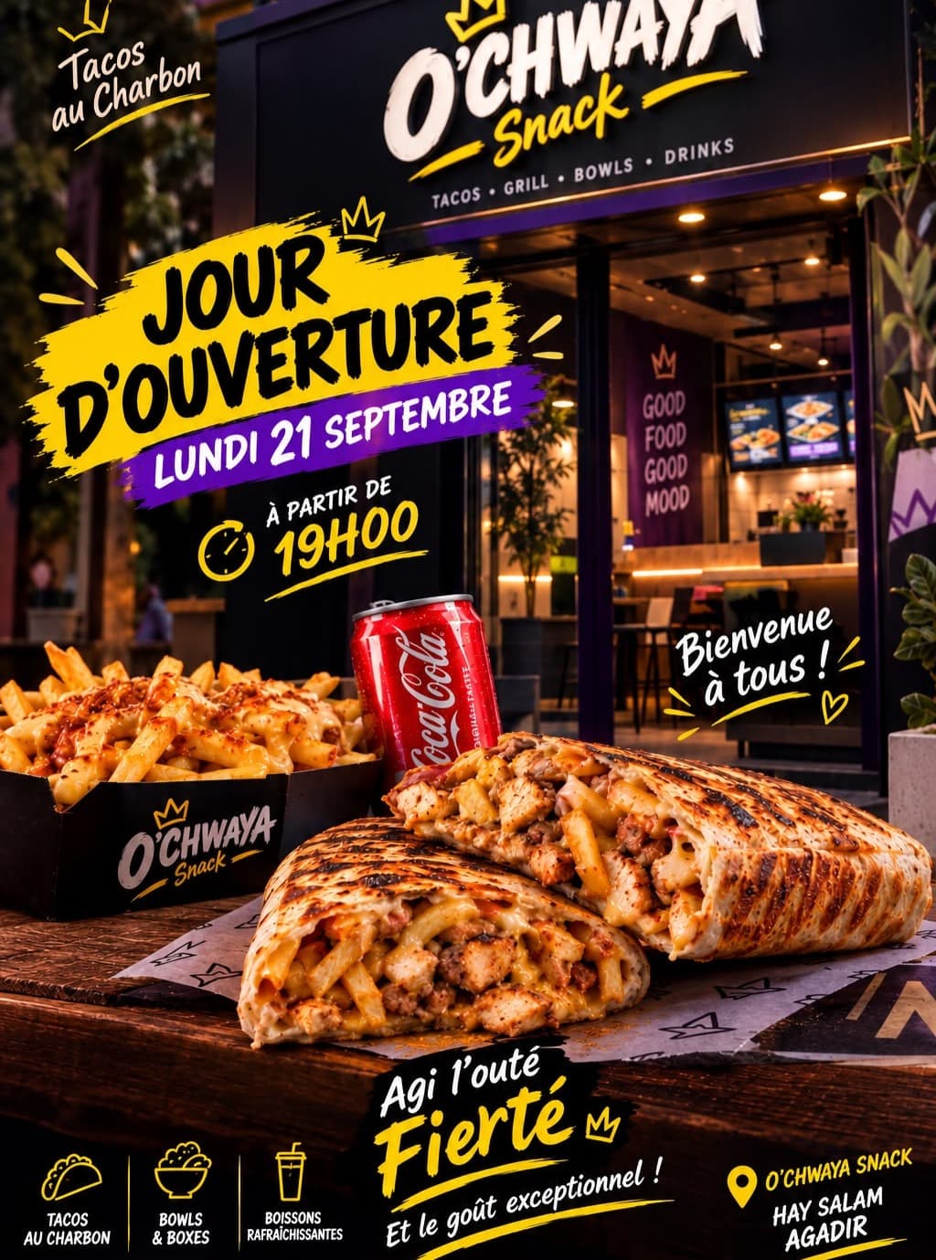 Tacos grillés et frites O’Chwaya devant le snack à Agadir